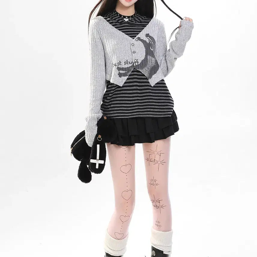 [BUNJANG] MJMT Cat Print Striped Hoodie / MJMT 고양이 프린트 스트라이프 후드 티셔츠