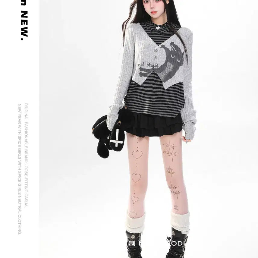 [BUNJANG] MJMT Cat Print Striped Hoodie / MJMT 고양이 프린트 스트라이프 후드 티셔츠