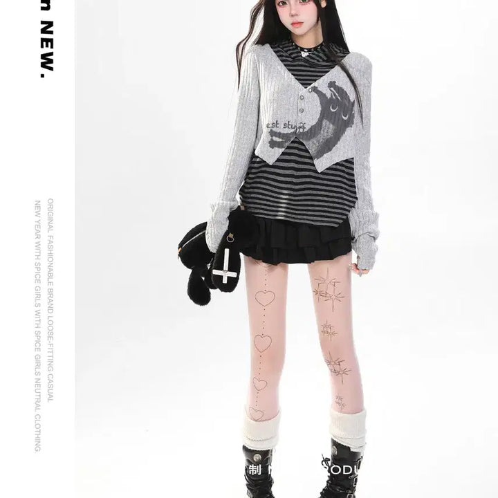 [BUNJANG] MJMT Cat Print Striped Hoodie / MJMT 고양이 프린트 스트라이프 후드 티셔츠