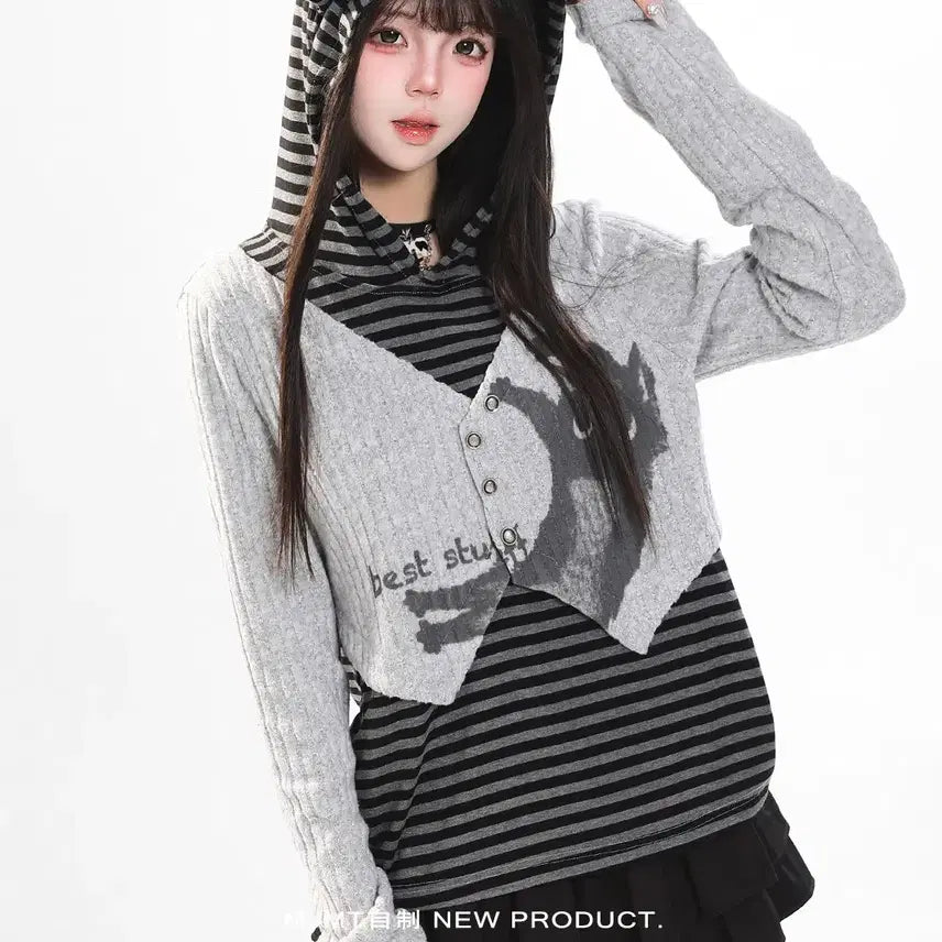 [BUNJANG] MJMT Cat Print Striped Hoodie / MJMT 고양이 프린트 스트라이프 후드 티셔츠
