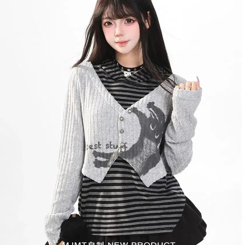 [BUNJANG] MJMT Cat Print Striped Hoodie / MJMT 고양이 프린트 스트라이프 후드 티셔츠