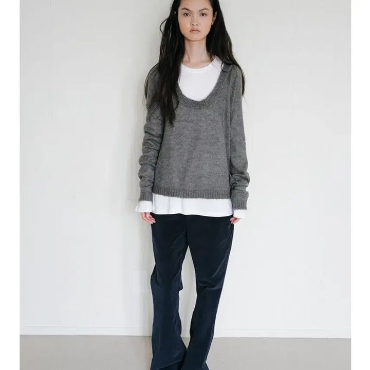 [BUNJANG] Repos Mohair U-Neck Knit Dark Gray / 리포스 모헤어 유넥 니트 다크그레이