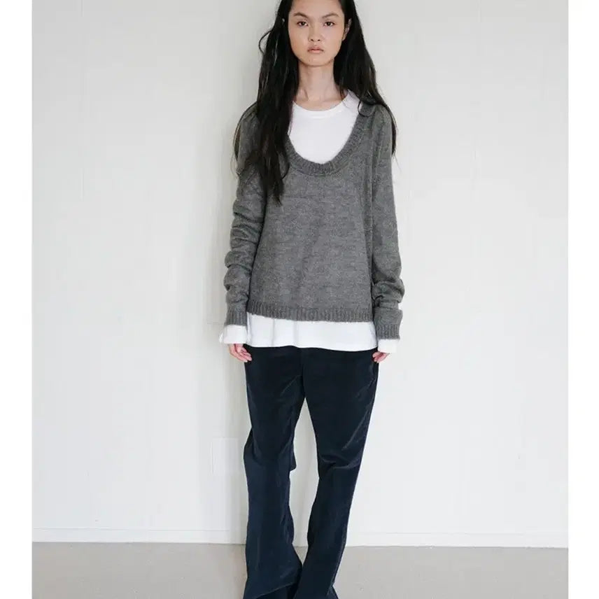 [BUNJANG] Repos Mohair U-Neck Knit Dark Gray / 리포스 모헤어 유넥 니트 다크그레이