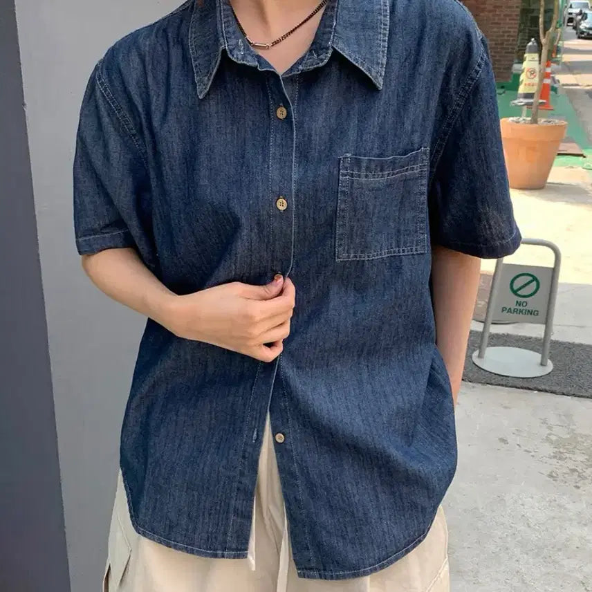 [BUNJANG] Kurin Roll-up Denim Shirt / (2회 착용) 쿠린 롤업 반팔 데님 셔츠