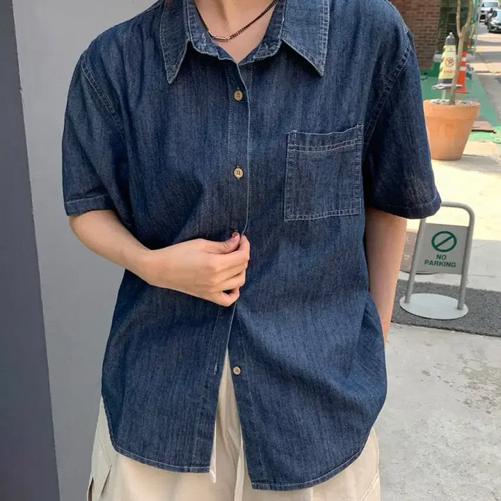 [BUNJANG] Kurin Roll-up Denim Shirt / (2회 착용) 쿠린 롤업 반팔 데님 셔츠