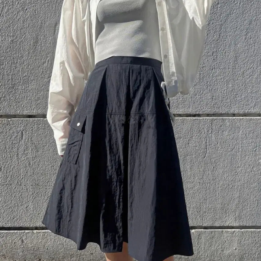 [BUNJANG] A-Line Nylon Pocket Skirt - Black / (착샥)A라인 나일론 포켓 스커트 블랙