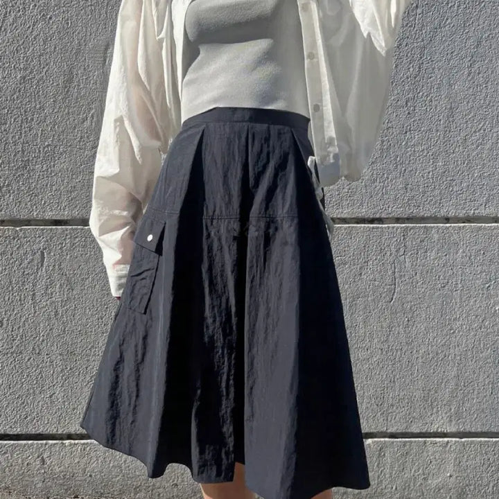 [BUNJANG] A-Line Nylon Pocket Skirt - Black / (착샥)A라인 나일론 포켓 스커트 블랙