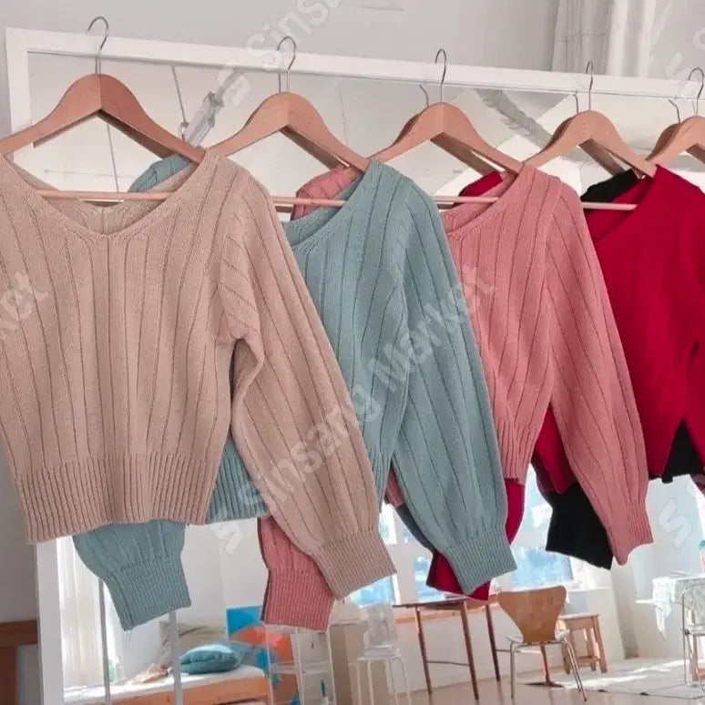 [BUNJANG] V-Neck Ribbed Knit Sweater / 브이넥 골지 니트 (베이지/핑크/블루/레드/블랙)