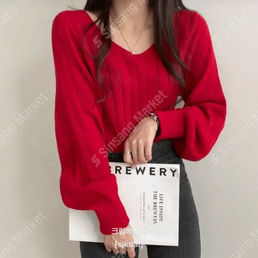 [BUNJANG] V-Neck Ribbed Knit Sweater / 브이넥 골지 니트 (베이지/핑크/블루/레드/블랙)