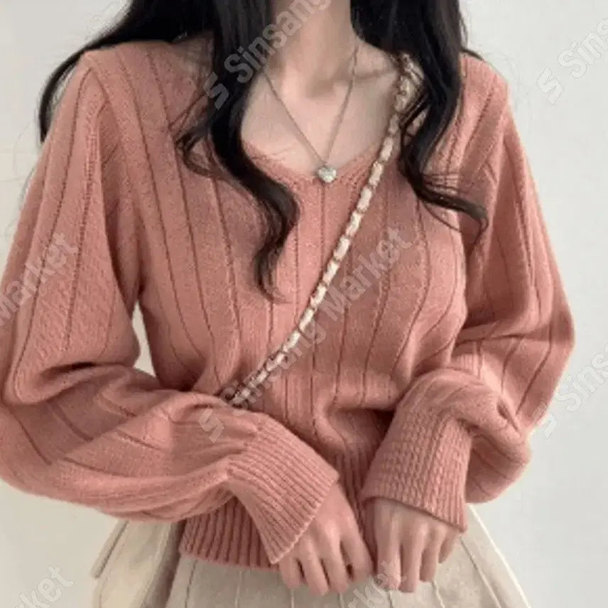 [BUNJANG] V-Neck Ribbed Knit Sweater / 브이넥 골지 니트 (베이지/핑크/블루/레드/블랙)