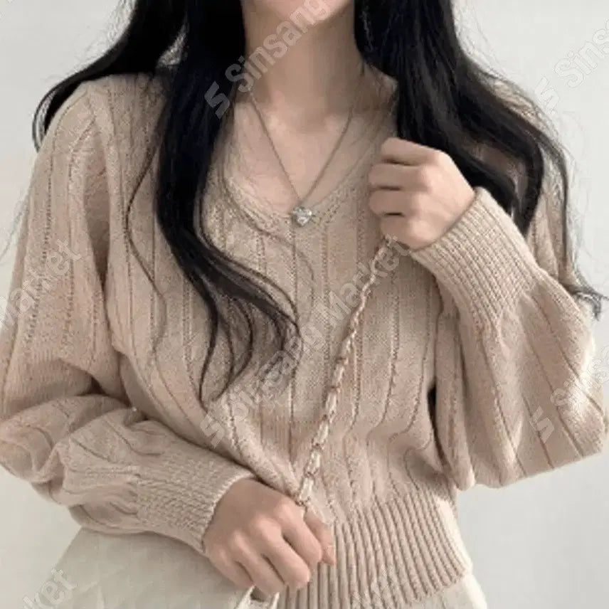 [BUNJANG] V-Neck Ribbed Knit Sweater / 브이넥 골지 니트 (베이지/핑크/블루/레드/블랙)