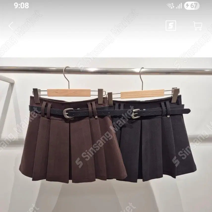 [BUNJANG] Belted Pleated Mini Skirt / 벨트 플리츠 미니스커트 브라운/블랙