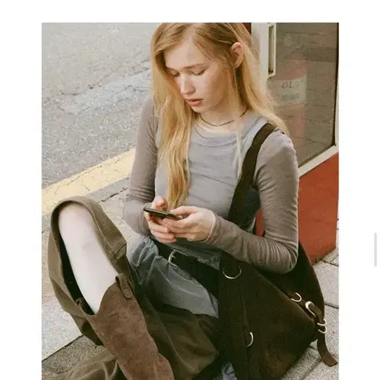 [BUNJANG] KHITO DIDI Belted Big Bag - Brown / 기호 스웨이드백 DIDI 벨트 빅백 브라운