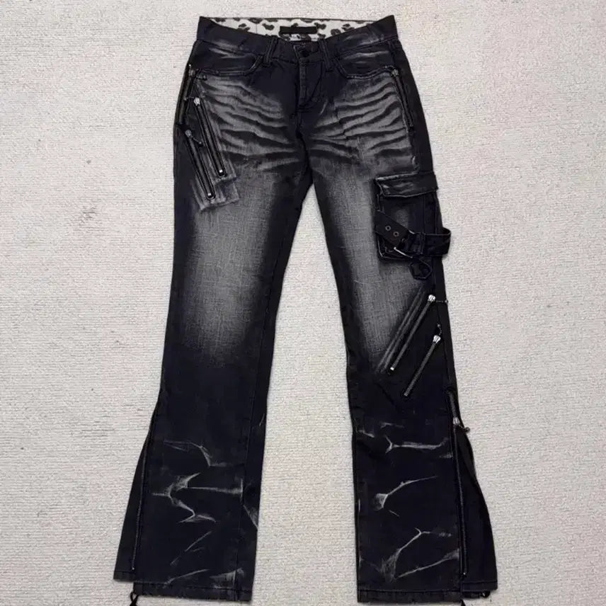 [BUNJANG] Vintage Black Washed Denim Punk Pants / 빈티지 블랙 워싱데님 락펑크 긱시크 펑크룩 펑크팬츠 그런지룩 빈티지팬츠