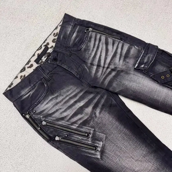 [BUNJANG] Vintage Black Washed Denim Punk Pants / 빈티지 블랙 워싱데님 락펑크 긱시크 펑크룩 펑크팬츠 그런지룩 빈티지팬츠