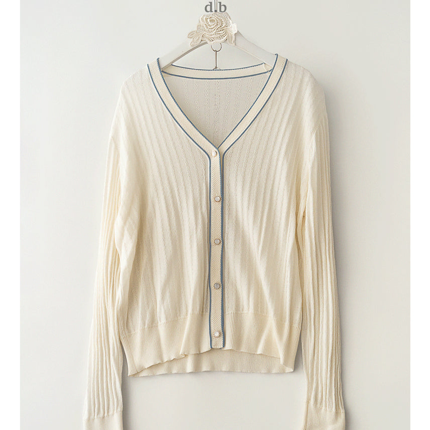 [BUNJANG] Blue Line Color Block Knit Cardigan / 입체 짜임 블루라인 배색 가디건