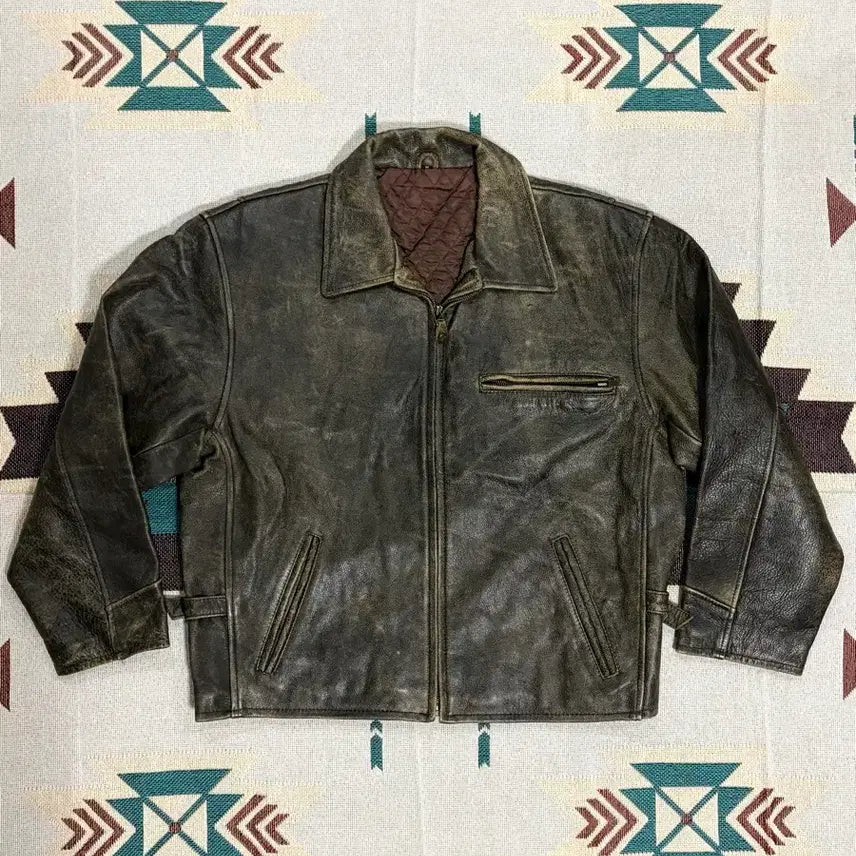 [BUNJANG] Vintage Distressed Washing Single Rider Leather Jacket / 90s 디스트레스드 워싱 싱글라이더 레더 자켓