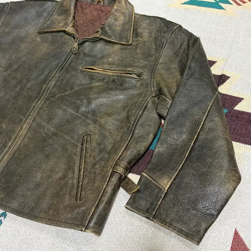 [BUNJANG] Vintage Distressed Washing Single Rider Leather Jacket / 90s 디스트레스드 워싱 싱글라이더 레더 자켓