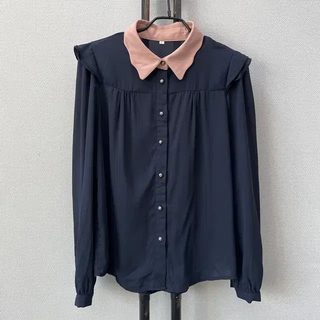 [BUNJANG] Navy Pink Chiffon Blouse / 네이비 핑크 카라 쉬폰 블라우스