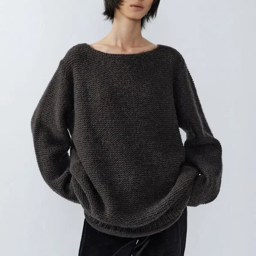 [BUNJANG] FRONTBACK Loose Neck Knit Charcoal / 이어닝 프론트백 루즈 넥 니트 차콜