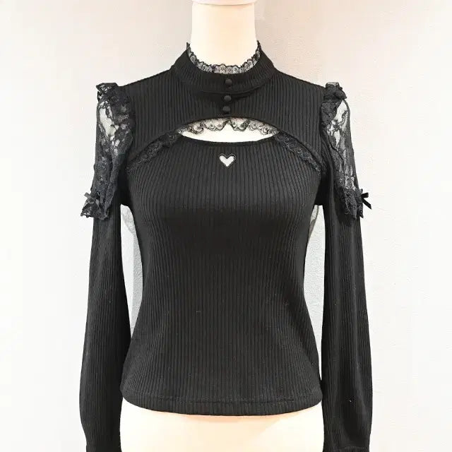 [BUNJANG] MARS Lace-Trimmed Teleco Knit Top / MARS 마즈 가슴 트임 어깨 레이스 텔레코 니트