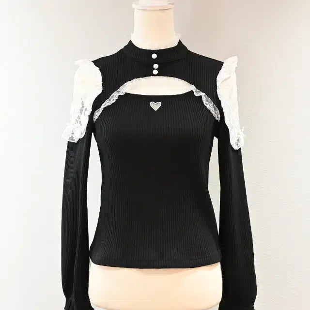 [BUNJANG] MARS Lace-Trimmed Teleco Knit Top / MARS 마즈 가슴 트임 어깨 레이스 텔레코 니트