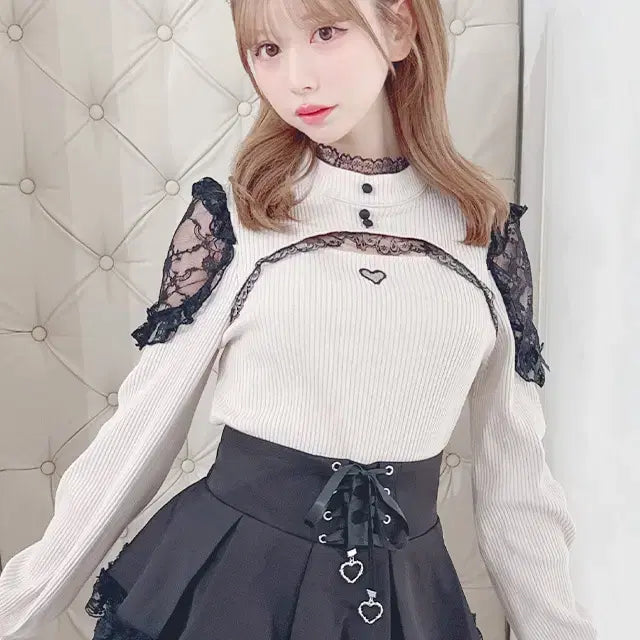 [BUNJANG] MARS Lace-Trimmed Teleco Knit Top / MARS 마즈 가슴 트임 어깨 레이스 텔레코 니트
