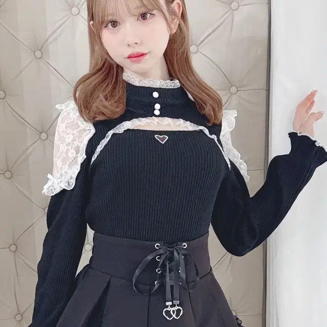 [BUNJANG] MARS Lace-Trimmed Teleco Knit Top / MARS 마즈 가슴 트임 어깨 레이스 텔레코 니트