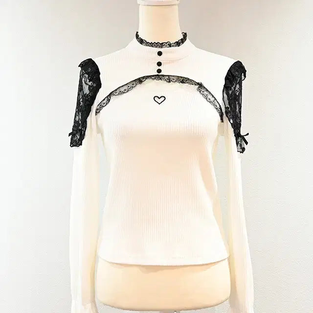 [BUNJANG] MARS Lace-Trimmed Teleco Knit Top / MARS 마즈 가슴 트임 어깨 레이스 텔레코 니트