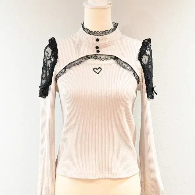[BUNJANG] MARS Lace-Trimmed Teleco Knit Top / MARS 마즈 가슴 트임 어깨 레이스 텔레코 니트
