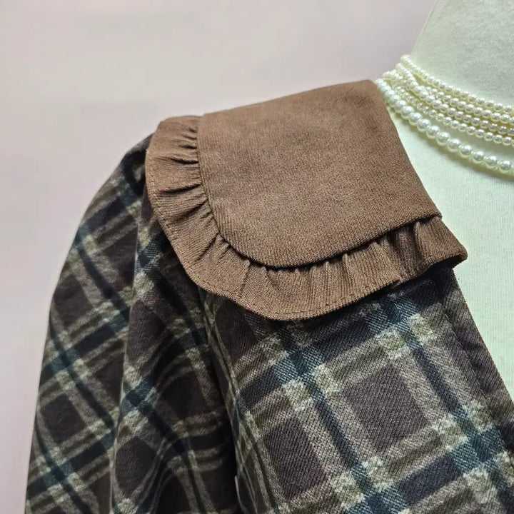 [BUNJANG] Oni Studio Brown Frill Collar Check Long Dress / oni studio 브라운 프릴카라 체크 롱원피스