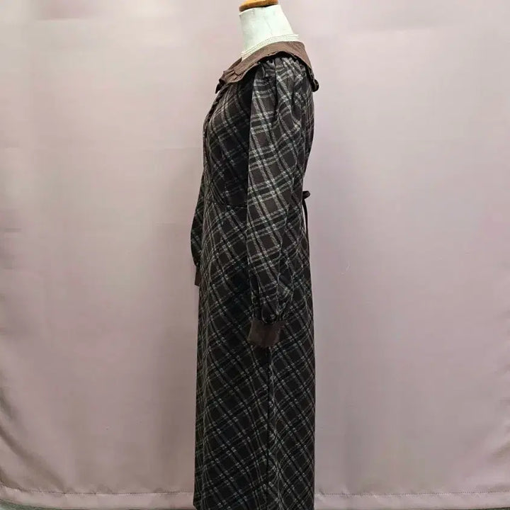 [BUNJANG] Oni Studio Brown Frill Collar Check Long Dress / oni studio 브라운 프릴카라 체크 롱원피스