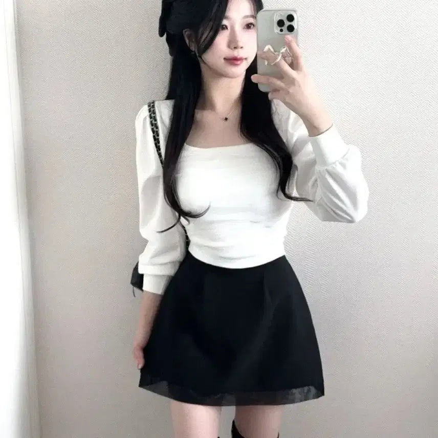 [BUNJANG] If Only Hazel Square Neck Chiffon Blouse / 이프온리 헤이즐 여리핏 스퀘어넥 이중쉬폰 샤 셔링 블라우스