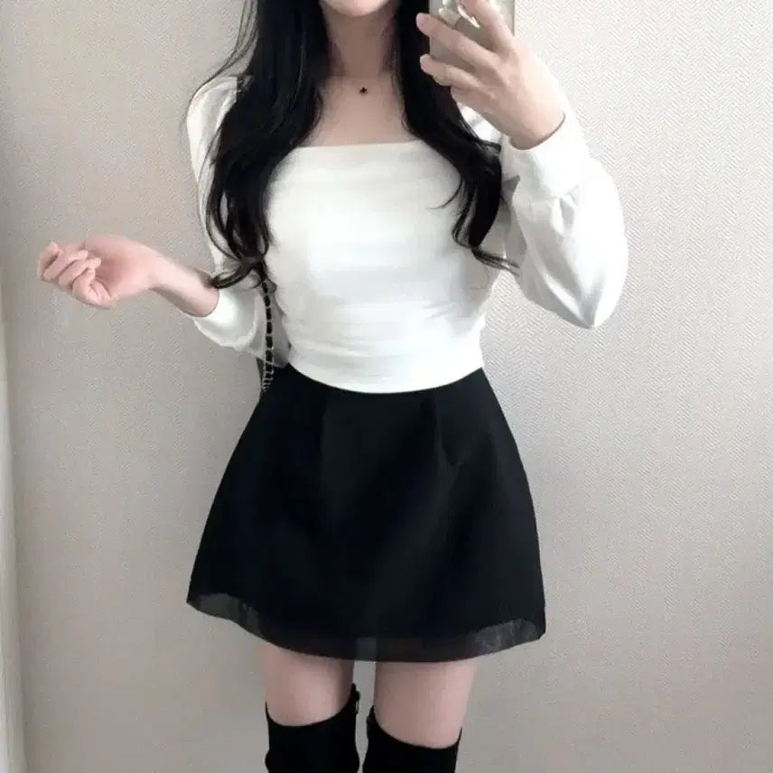 [BUNJANG] If Only Hazel Square Neck Chiffon Blouse / 이프온리 헤이즐 여리핏 스퀘어넥 이중쉬폰 샤 셔링 블라우스