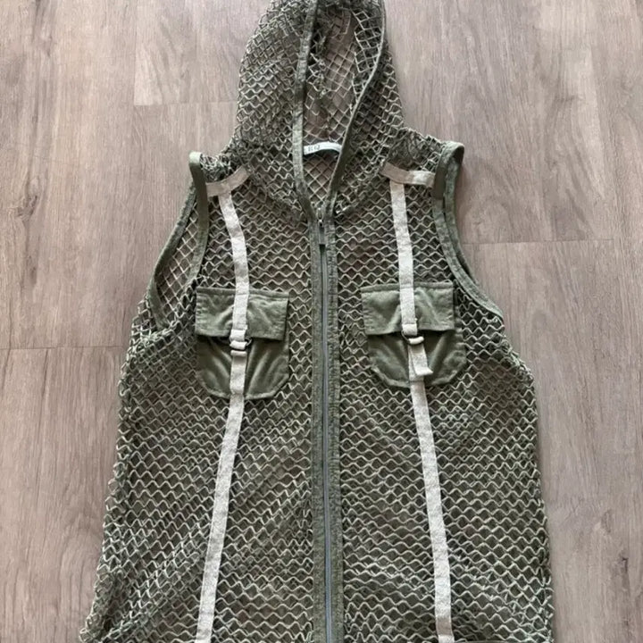 [BUNJANG] Vintage Khaki Mesh Hooded Vest / 빈티지 카키 메쉬 후드조끼