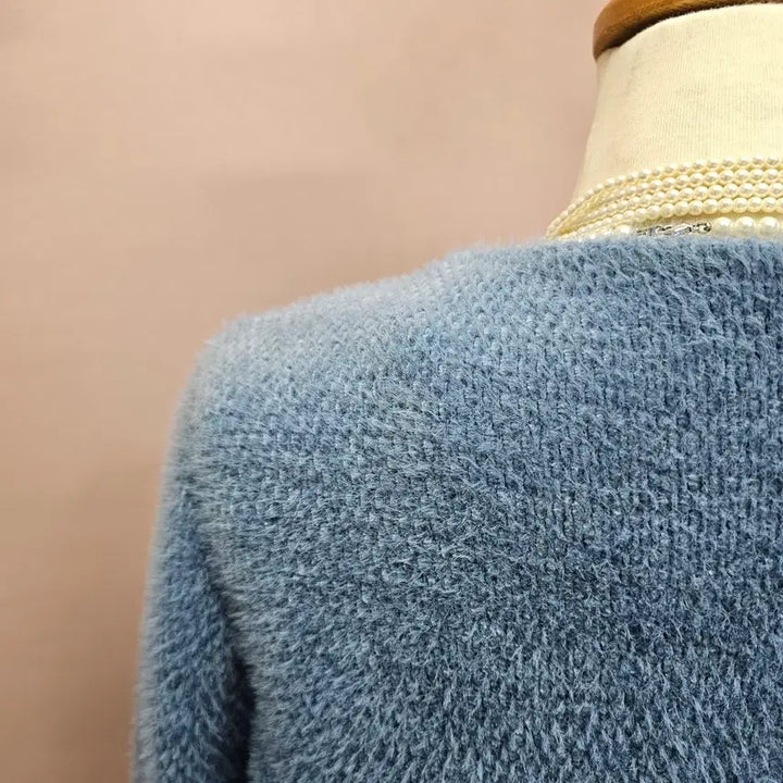 [BUNJANG] Blue Collarless Gold Button Fur Jacket / 블루 노카라 골드버튼 퍼 자켓