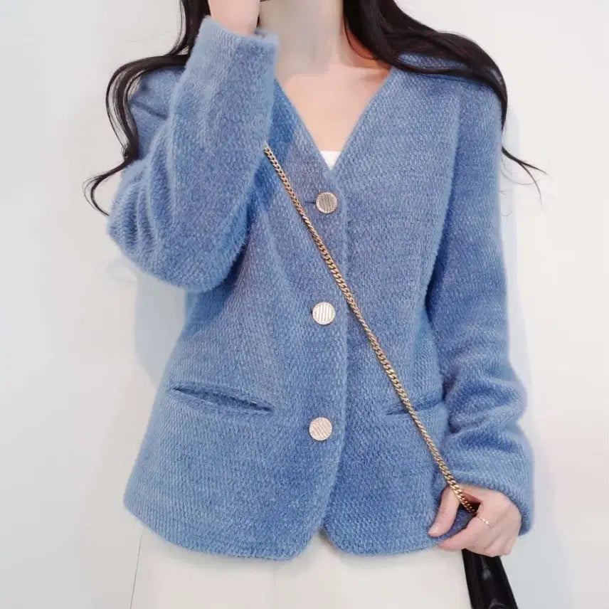 [BUNJANG] Blue Collarless Gold Button Fur Jacket / 블루 노카라 골드버튼 퍼 자켓