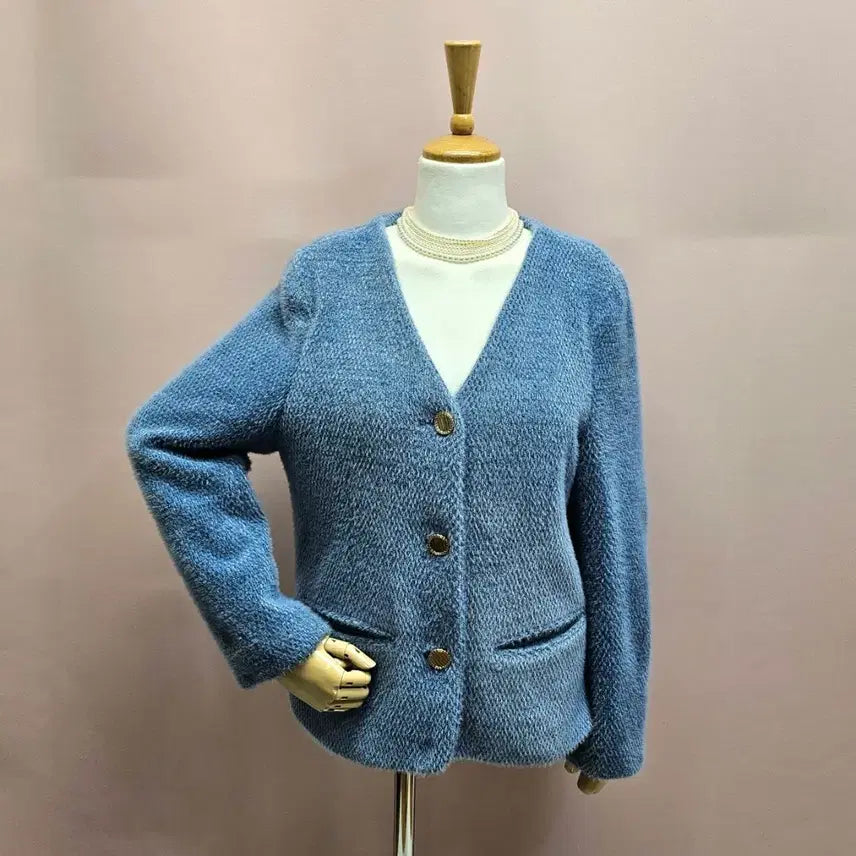 [BUNJANG] Blue Collarless Gold Button Fur Jacket / 블루 노카라 골드버튼 퍼 자켓