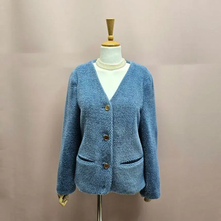 [BUNJANG] Blue Collarless Gold Button Fur Jacket / 블루 노카라 골드버튼 퍼 자켓