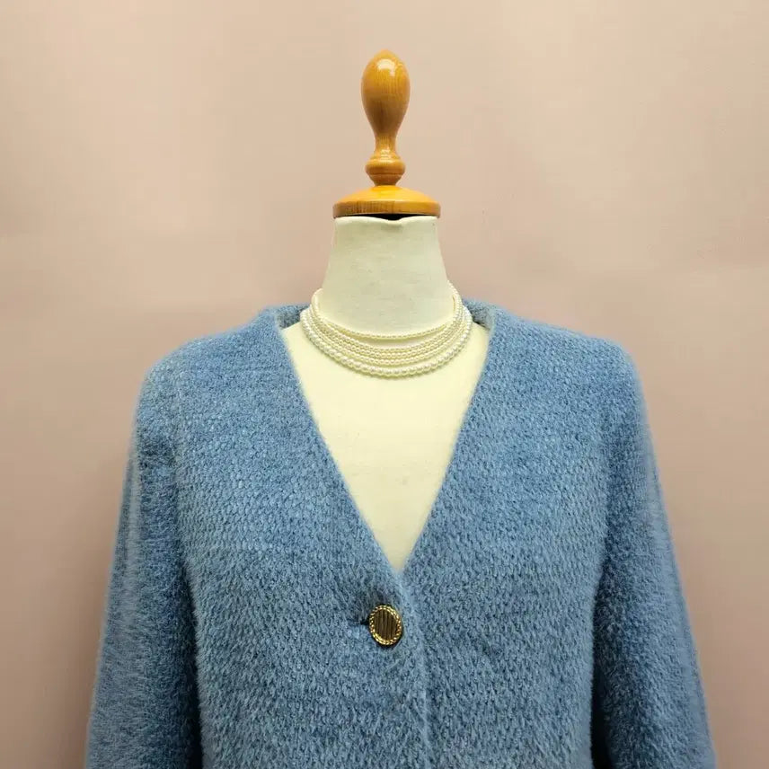[BUNJANG] Blue Collarless Gold Button Fur Jacket / 블루 노카라 골드버튼 퍼 자켓