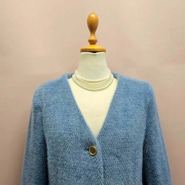 [BUNJANG] Blue Collarless Gold Button Fur Jacket / 블루 노카라 골드버튼 퍼 자켓