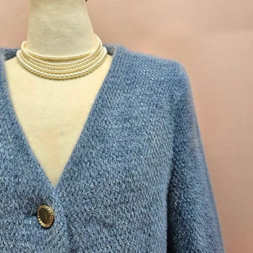 [BUNJANG] Blue Collarless Gold Button Fur Jacket / 블루 노카라 골드버튼 퍼 자켓