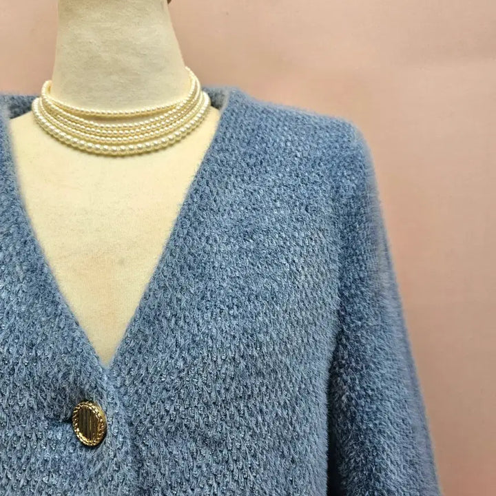 [BUNJANG] Blue Collarless Gold Button Fur Jacket / 블루 노카라 골드버튼 퍼 자켓