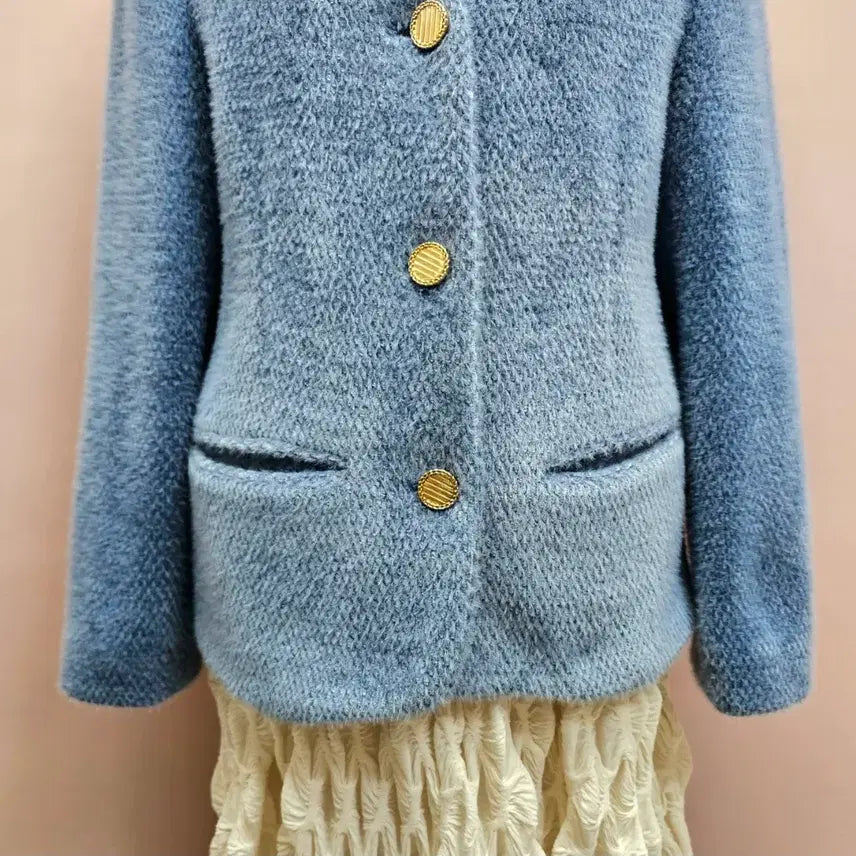 [BUNJANG] Blue Collarless Gold Button Fur Jacket / 블루 노카라 골드버튼 퍼 자켓