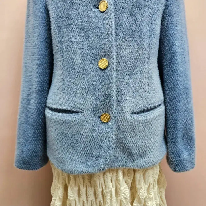 [BUNJANG] Blue Collarless Gold Button Fur Jacket / 블루 노카라 골드버튼 퍼 자켓