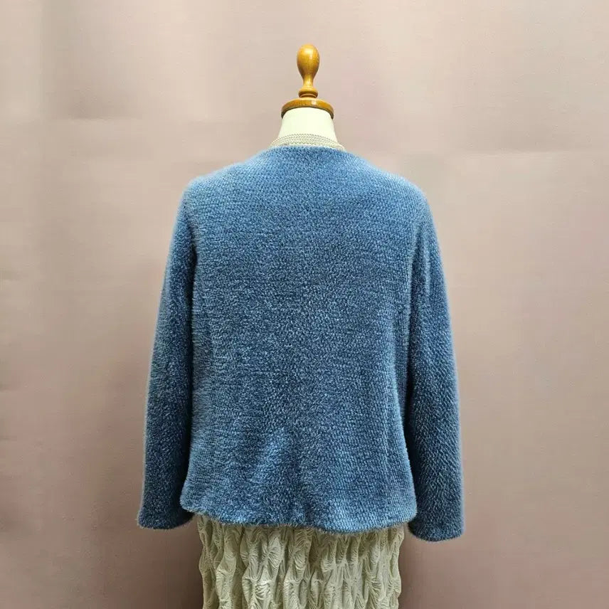 [BUNJANG] Blue Collarless Gold Button Fur Jacket / 블루 노카라 골드버튼 퍼 자켓