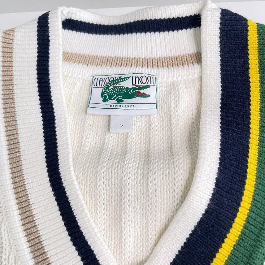[BUNJANG] Lacoste V-Neck Knit Sweater - Ivory / 라코스테 테니스 크리켓 V넥 니트스웨터 아이보리