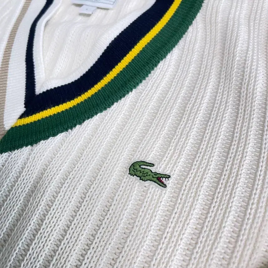 [BUNJANG] Lacoste V-Neck Knit Sweater - Ivory / 라코스테 테니스 크리켓 V넥 니트스웨터 아이보리