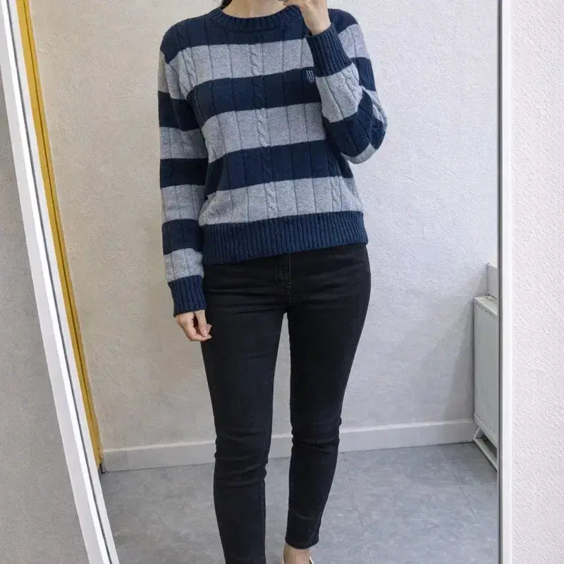 [BUNJANG] Marje Striped Cable Knit Sweater - Blue Gray / 마르제 스트라이프 케이블 니트 스웨터 블루그레이/데일리 캐주얼