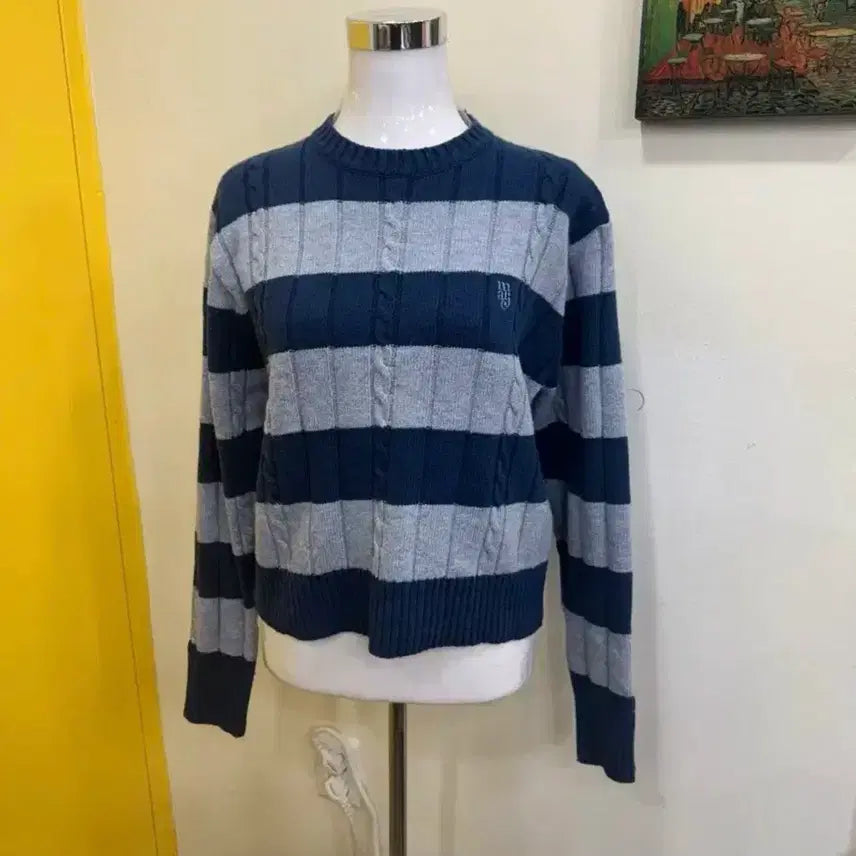 [BUNJANG] Marje Striped Cable Knit Sweater - Blue Gray / 마르제 스트라이프 케이블 니트 스웨터 블루그레이/데일리 캐주얼